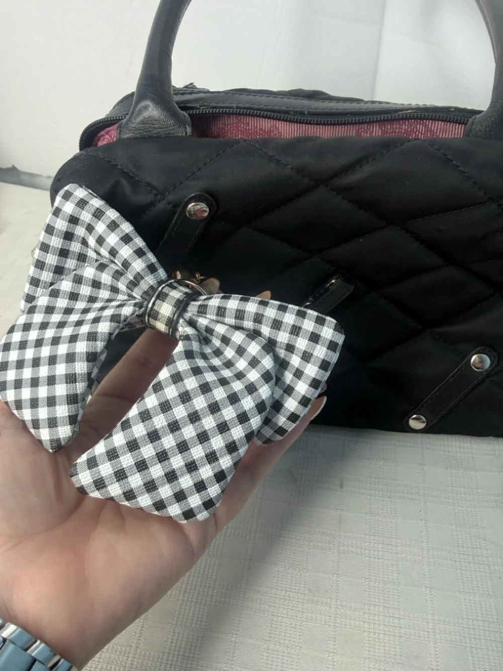 My flat in London Quilted Handbag with Black & White Gingham Bow Accent
